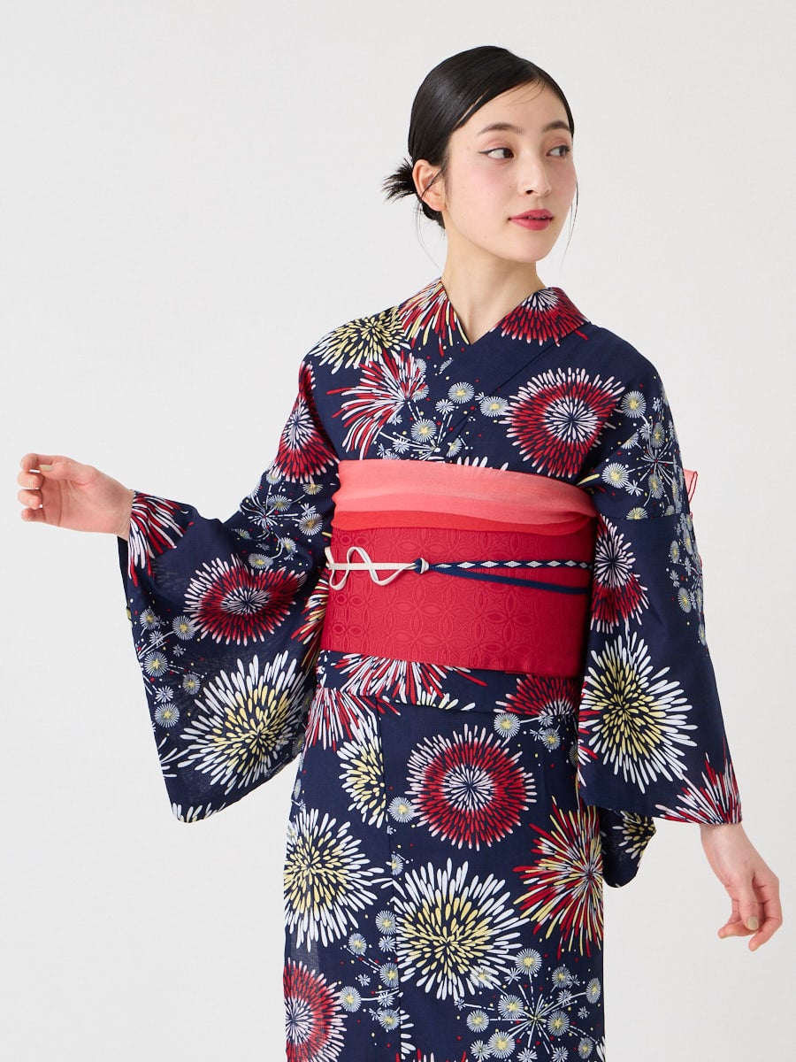 1人で着れる！】花火柄紺色ワンピース浴衣 赤い帯付き M ワンピ 女性