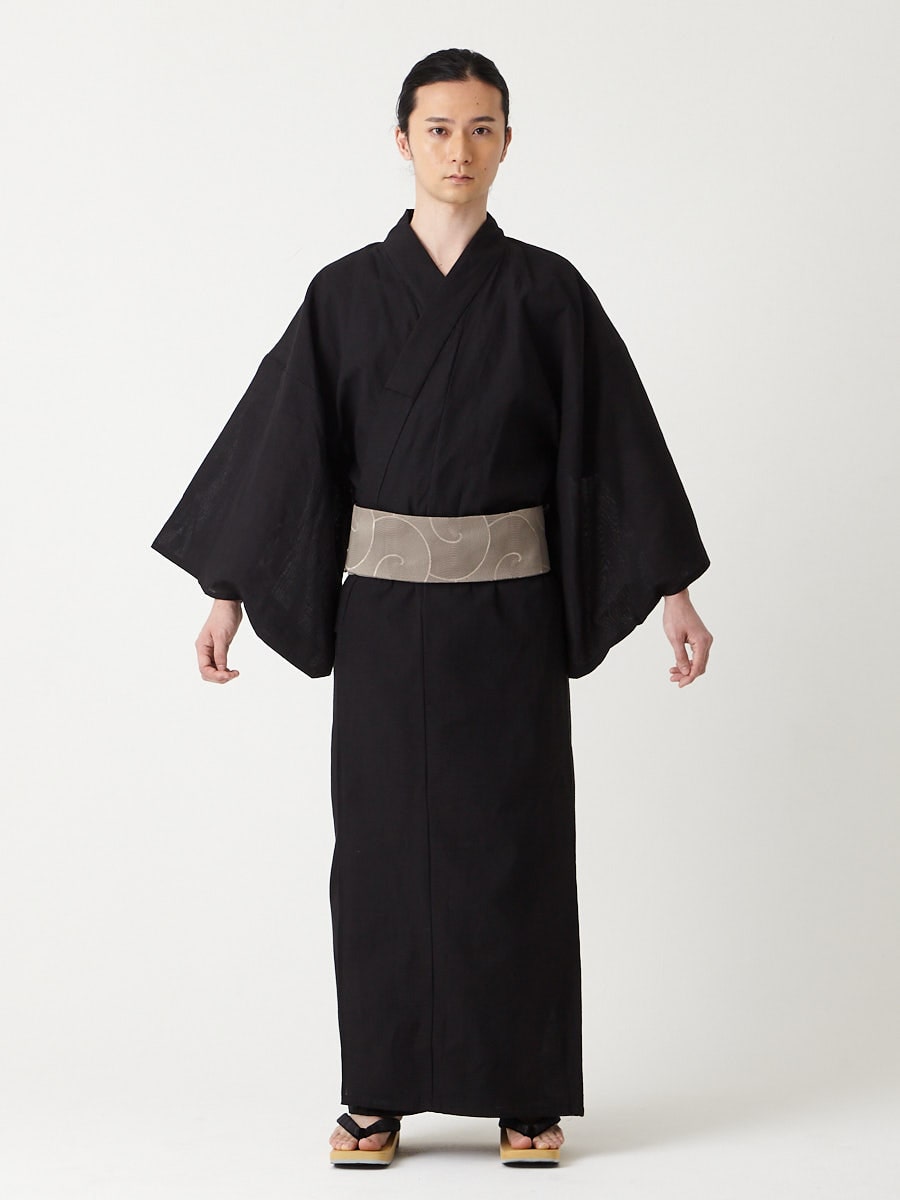 ラスト1点】メンズ浴衣・帯 2点セット（ メンズ綿麻しじら浴衣＋ 角帯