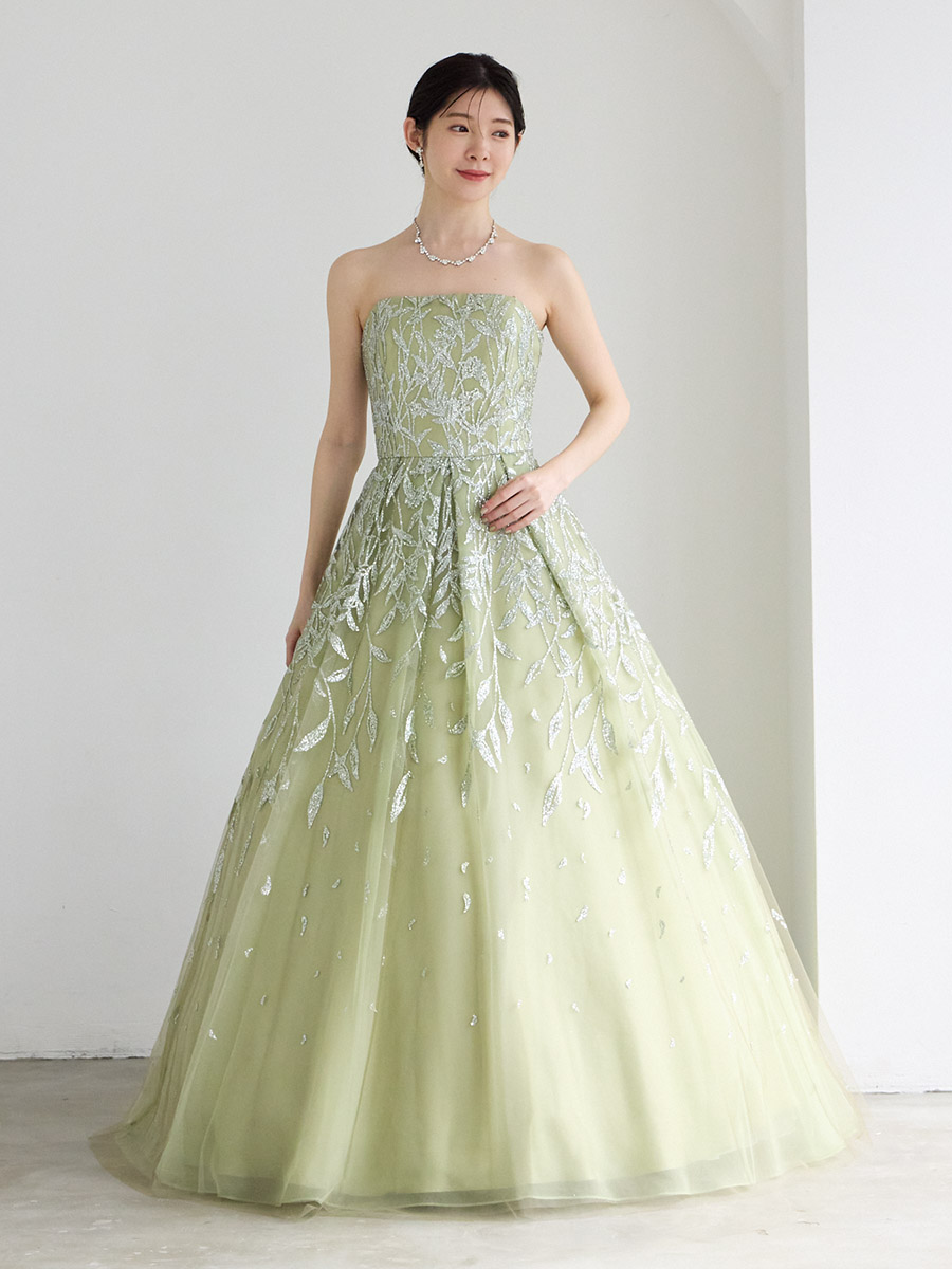 Canora/ハードチュール×リーフモチーフラメグリッターロングドレス(M