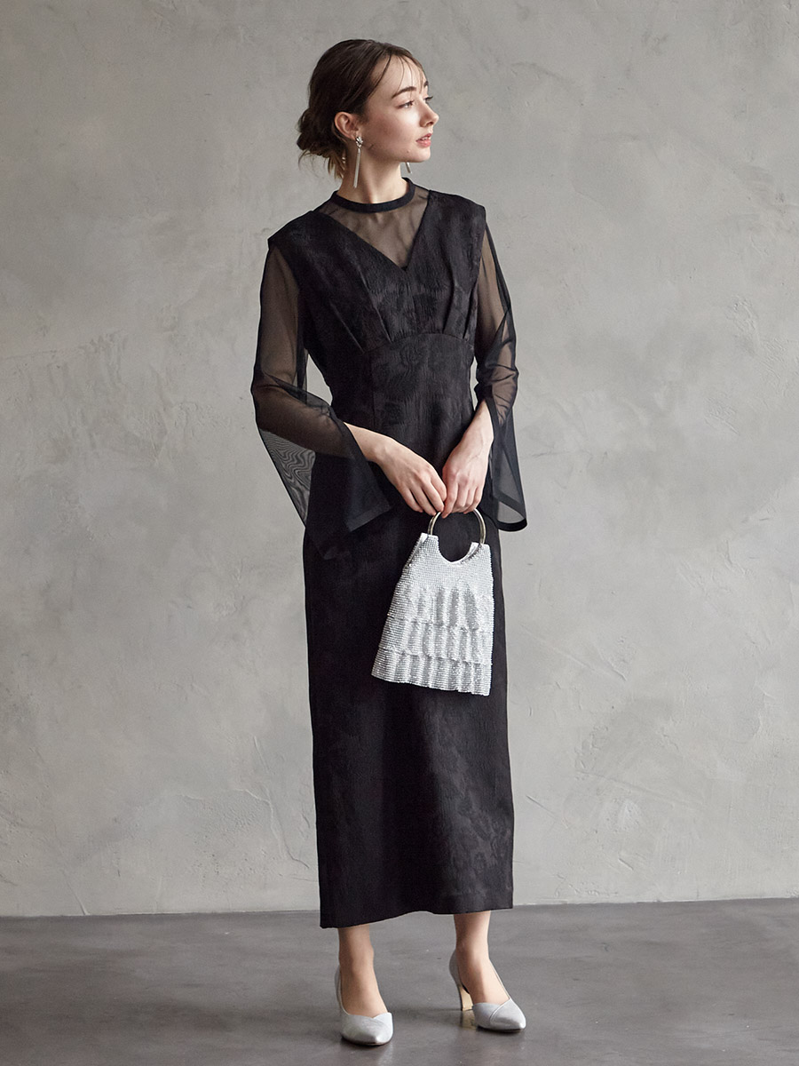 試着キャンペーン対象】チュールブラウス付きジャカードIラインドレス