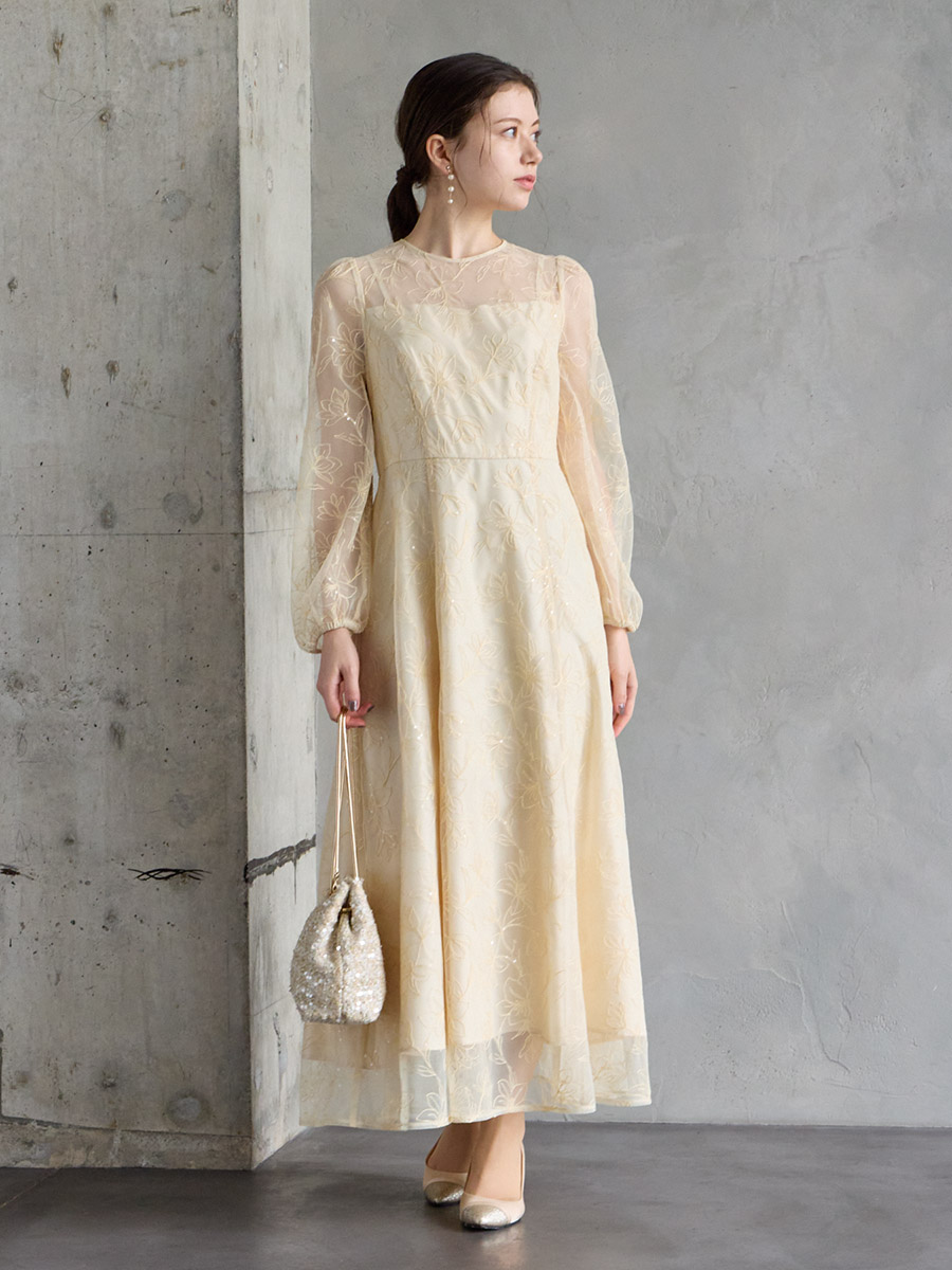 試着キャンペーン対象】スパンコールフラワー刺繍ロングスリーブドレス