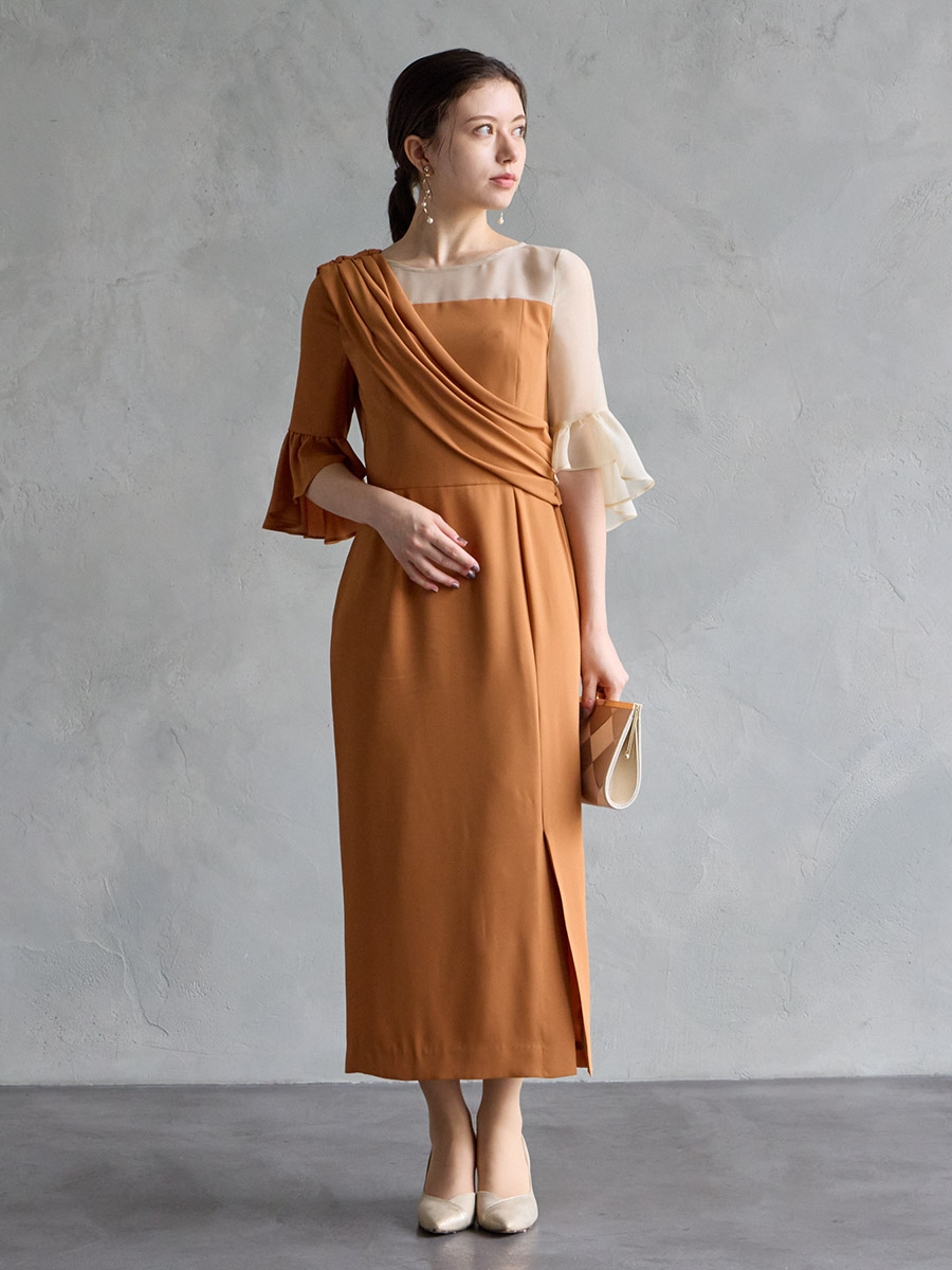 WEB/Aimer Acret店限定】アシンメトリー袖付きIラインドレス(M レンガ