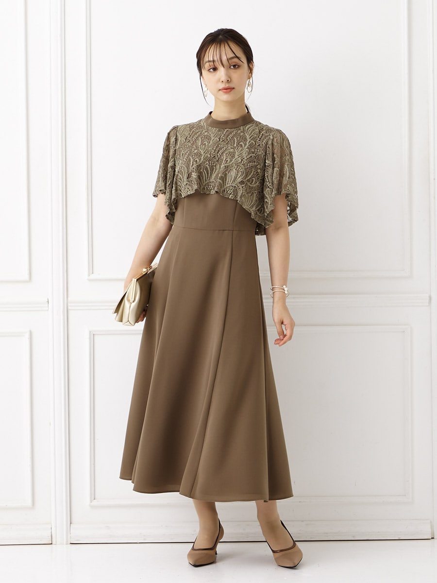 試着キャンペーン対象】レースケープ風スリーブフィット＆フレアドレス