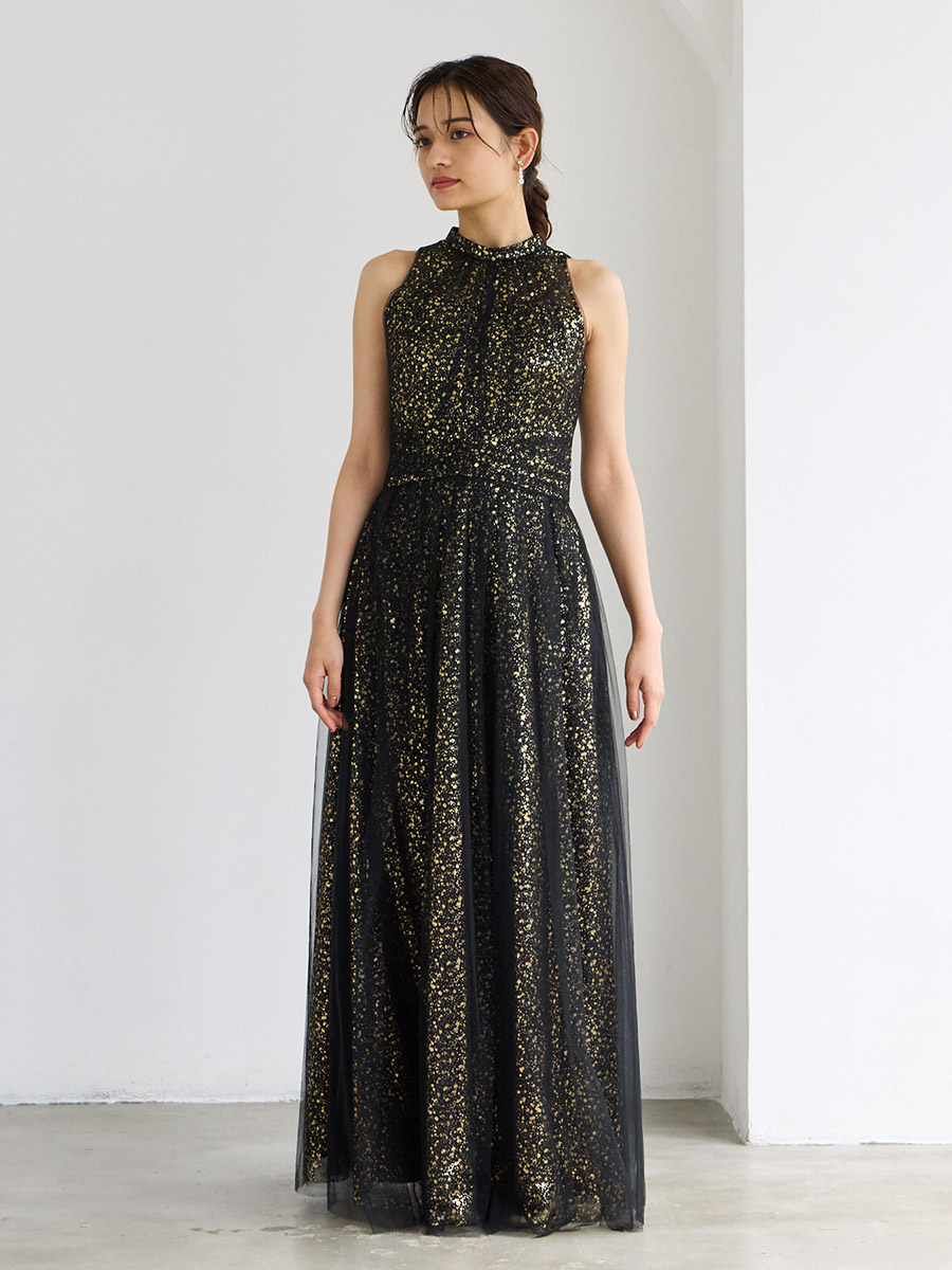 箔チュールホルターネックロングドレス(M ブラック): AIMER | エメ