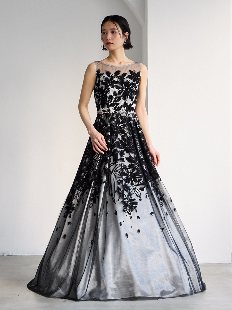 luxe flower/チュール×ラメフロッキーロングドレス(M［お届け予定：ご