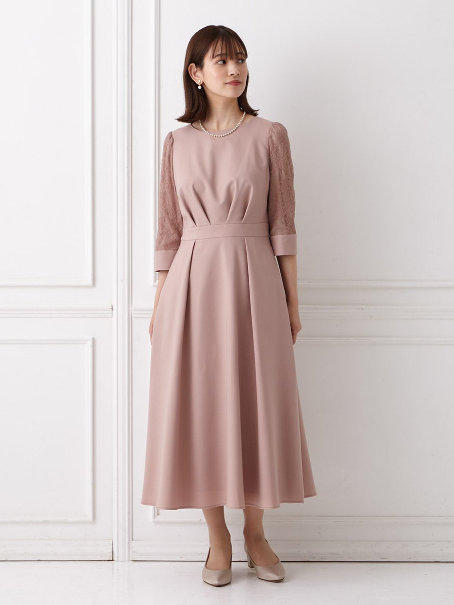 レース袖×ウエストタックフィット＆フレアワンピース(L ピンク): AIMER