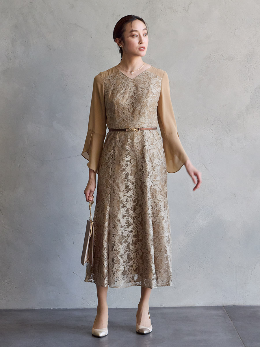 フレアスリーブレースマーメイドラインドレス(M ベージュ): AIMER