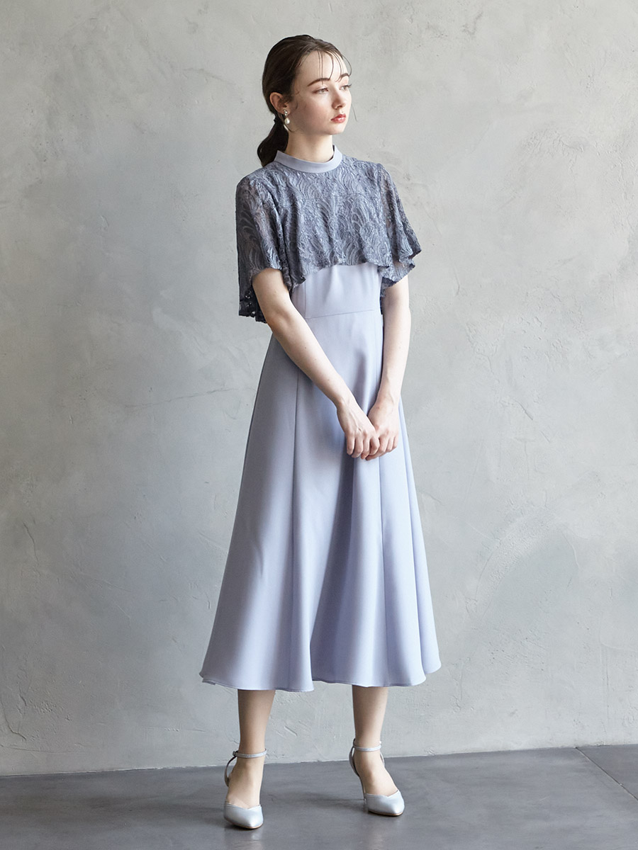 試着キャンペーン対象】レースケープ風スリーブフィット＆フレアドレス