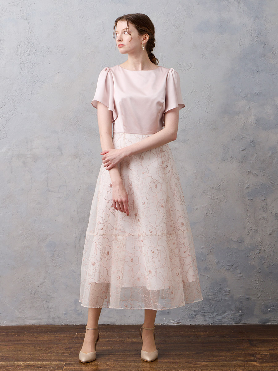 試着キャンペーン対象】フレアスリーブ花柄プリントフレアドレス(M