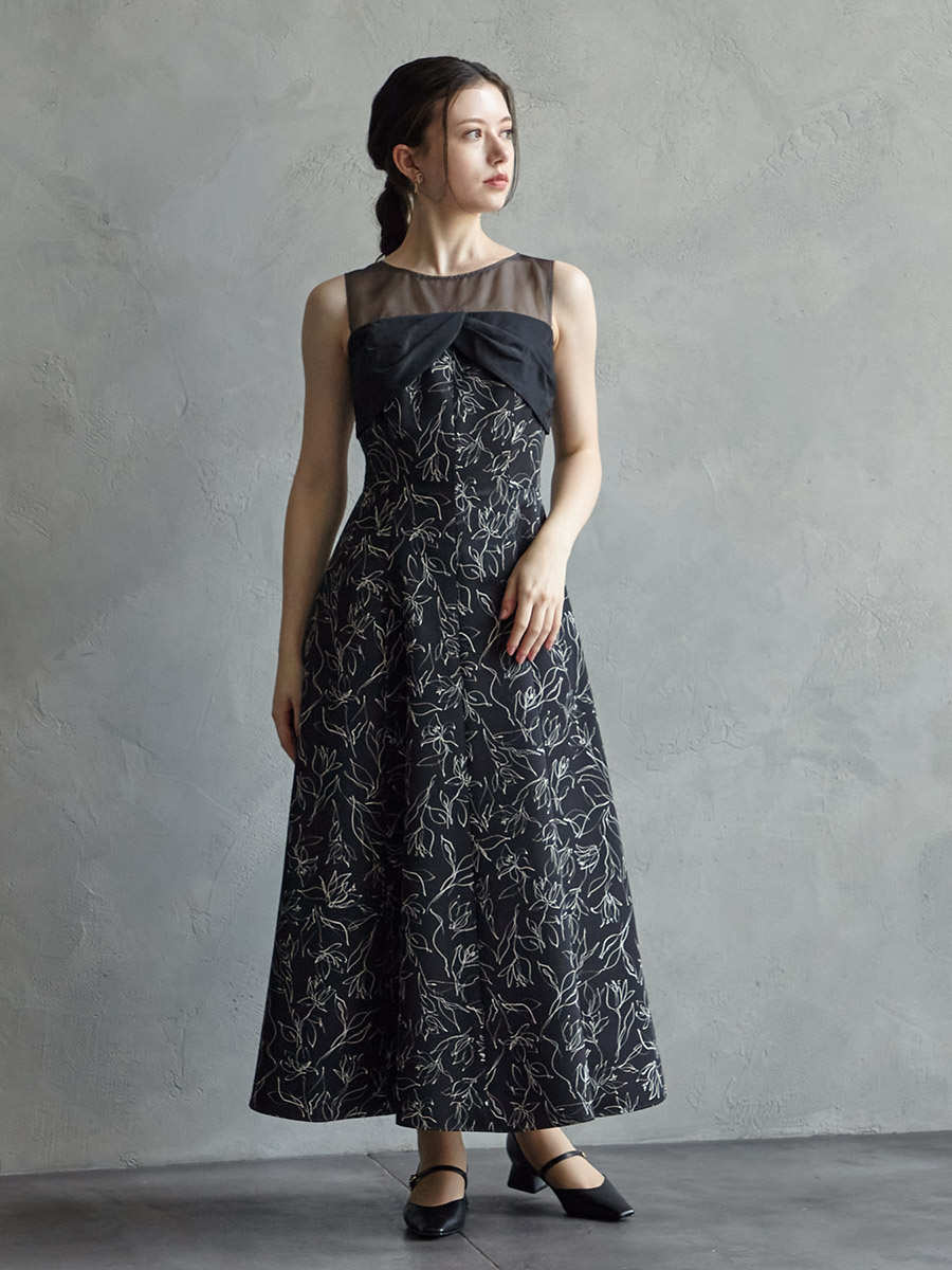 試着キャンペーン対象】配色花柄プリントフィット＆フレアドレス (M