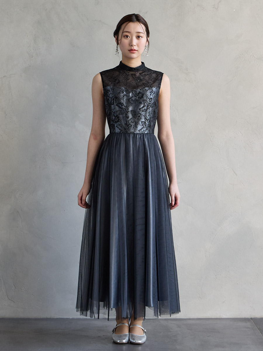 チュール刺繍レースアンクル丈ドレス(M ブラック): AIMER | エメ