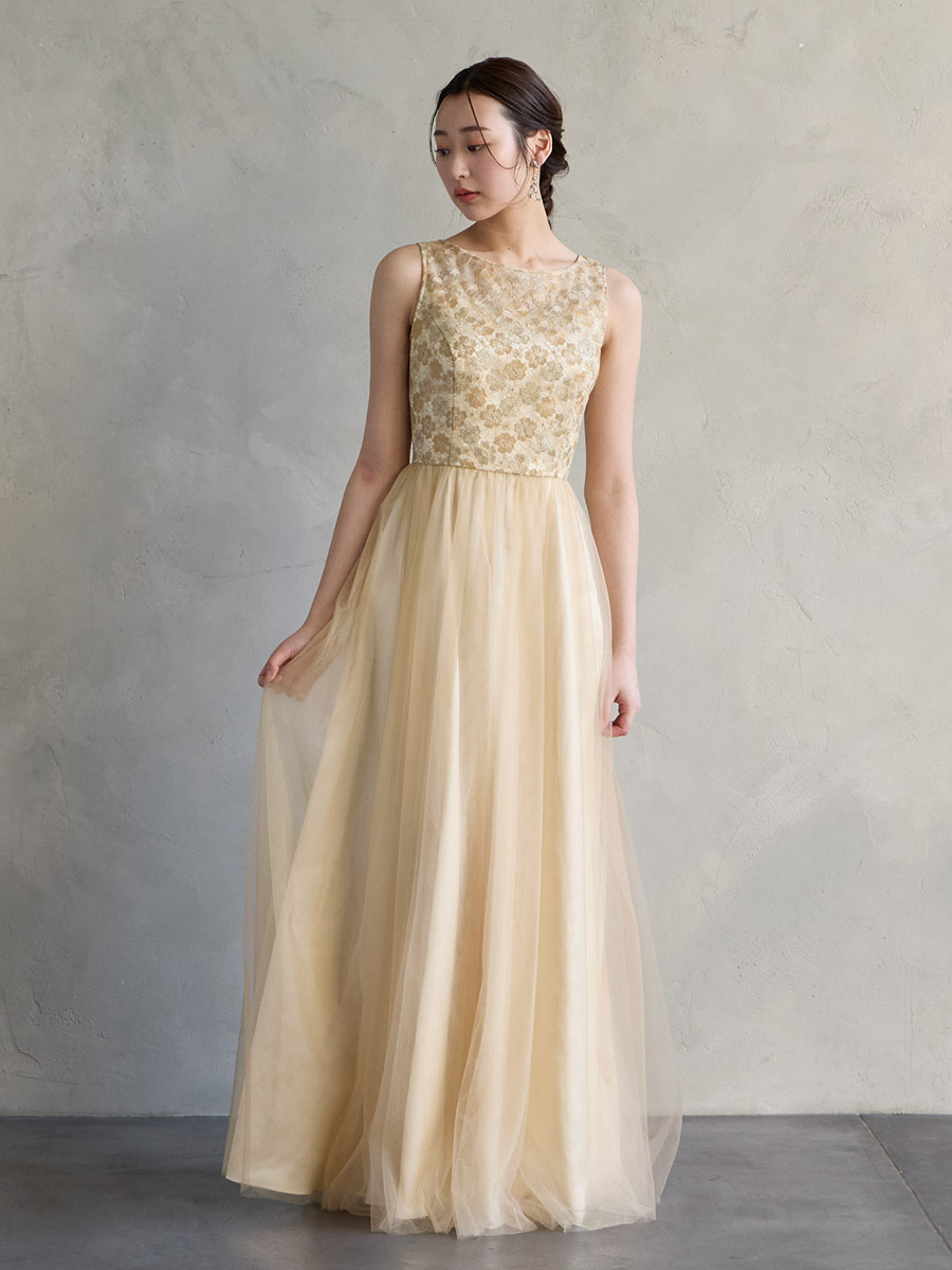 残りわずか】レース刺繍×チュールAラインドレス(M ベージュ): AIMER