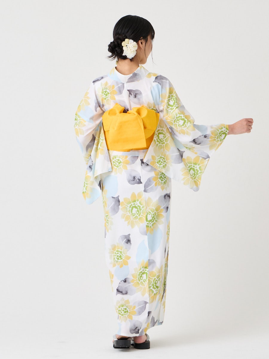 WEB限定】浴衣3点セット（浴衣「ハナウタ・水彩ひまわり」+ 半巾帯「花