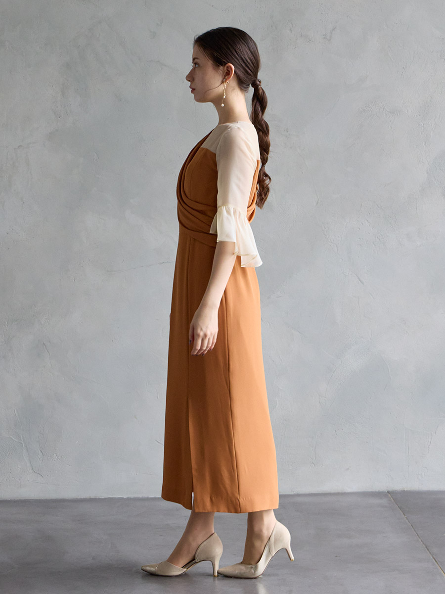 WEB/Aimer Acret店限定】アシンメトリー袖付きIラインドレス(M レンガ
