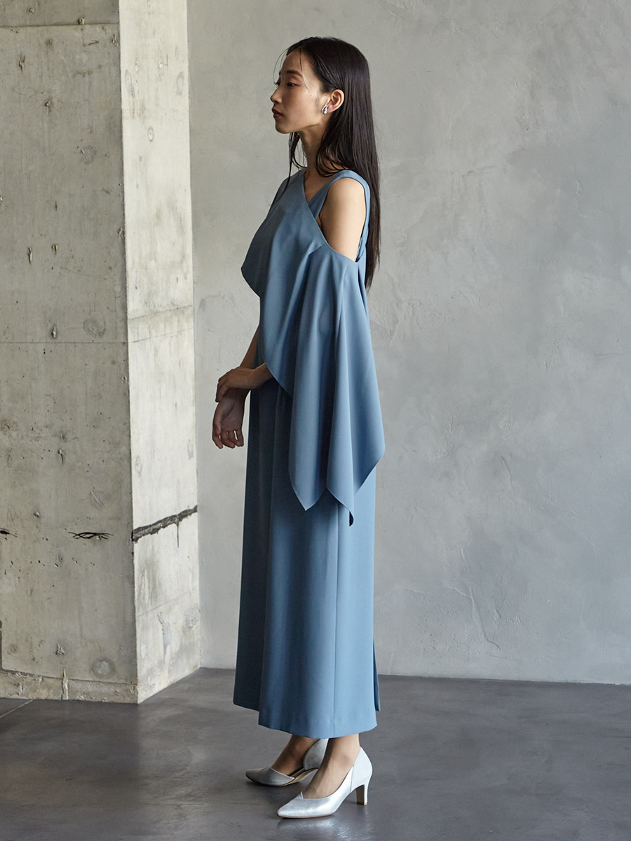 アシンメトリーケープ付タイトラインドレス (M ダルブルー): AIMER