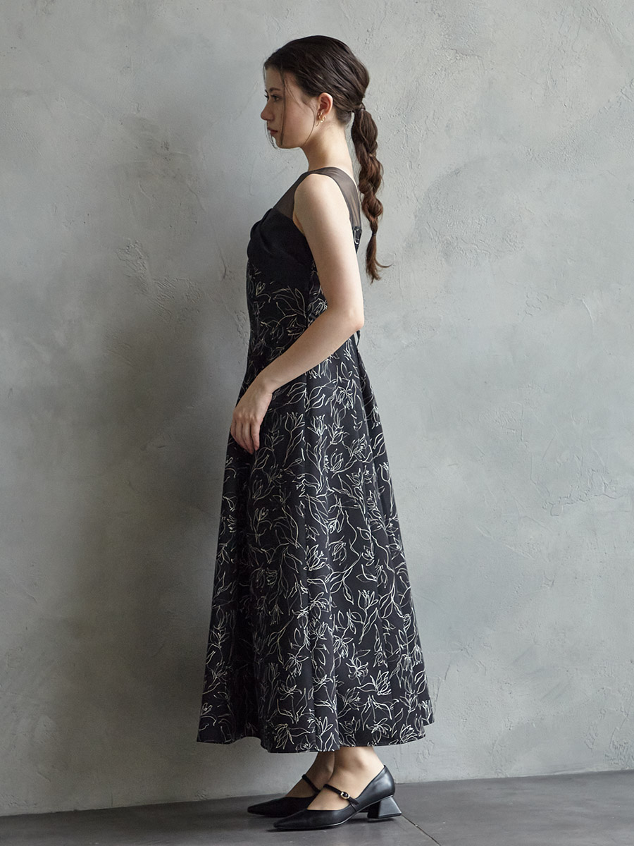 試着キャンペーン対象】配色花柄プリントフィット＆フレアドレス (M