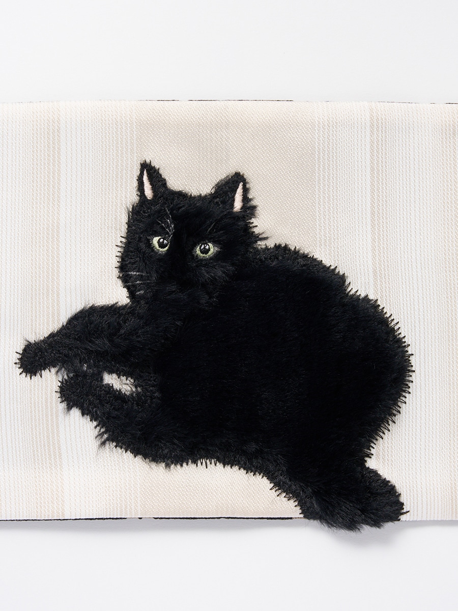 残りわずか】半巾帯「 水墨フワ猫 」(FREE オフホワイト): ふりふ