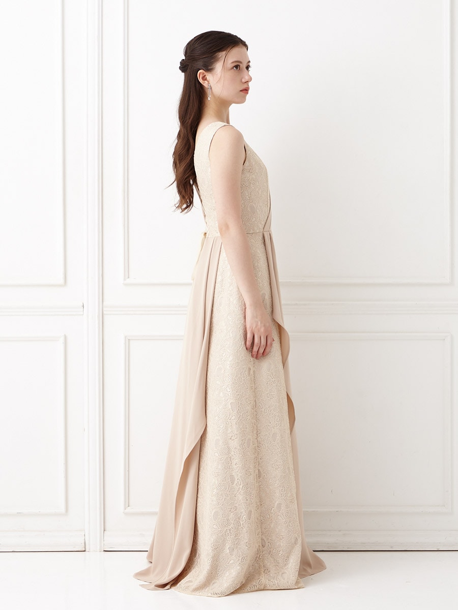 残りわずか】ジョーゼット×コードレースロングドレス(L ベージュ