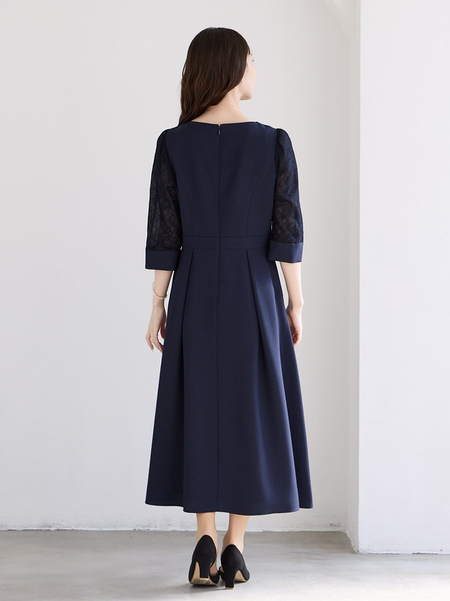 レース袖×ウエストタックフィット＆フレアワンピース(M ベージュ