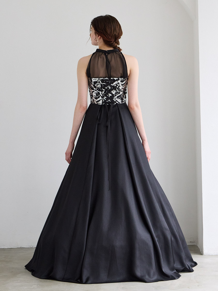 Brillante/ジョーゼット×箔加工Aライン2WAYロングドレス(M ブラック