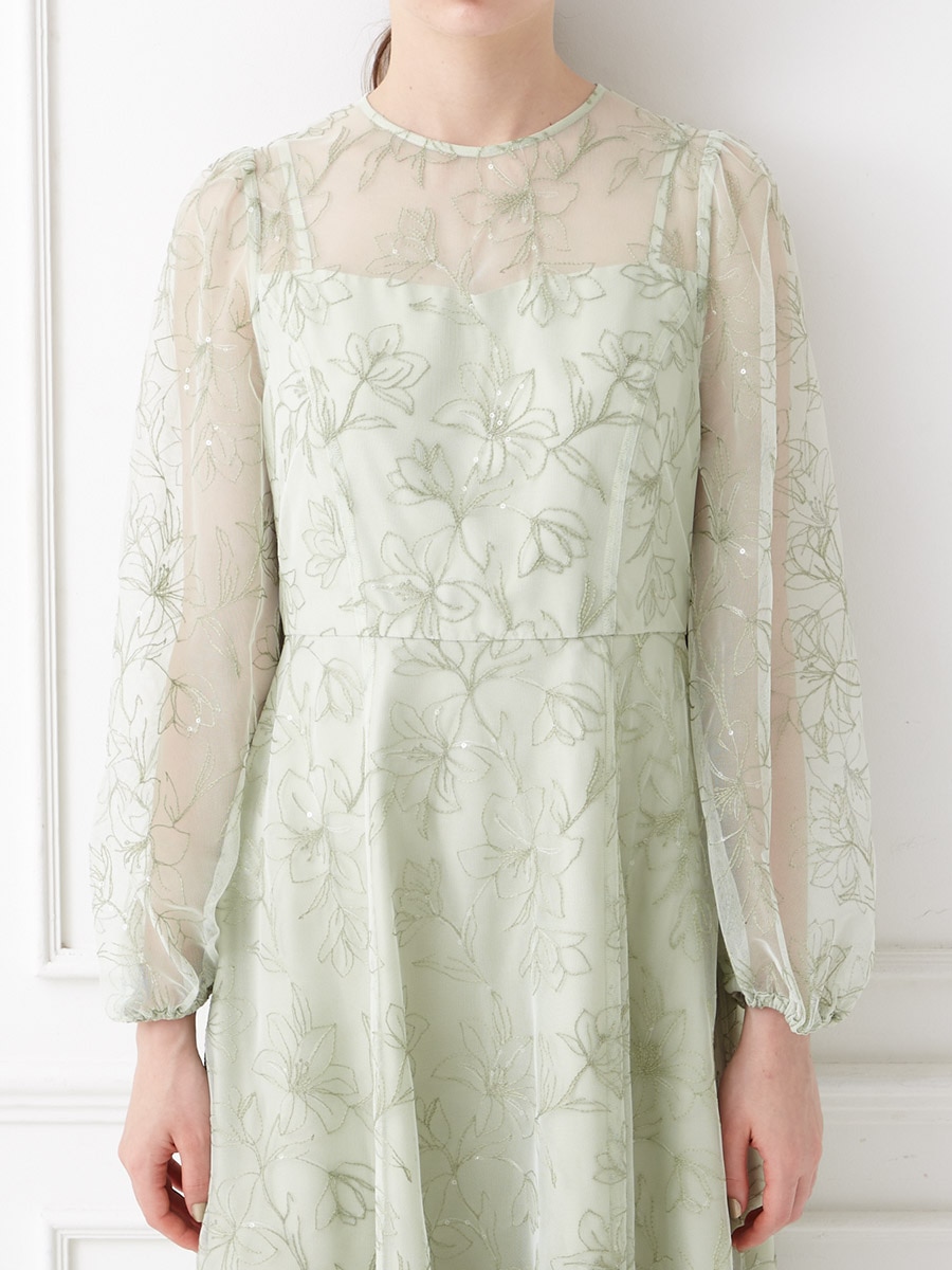 試着キャンペーン対象】スパンコールフラワー刺繍ロングスリーブドレス