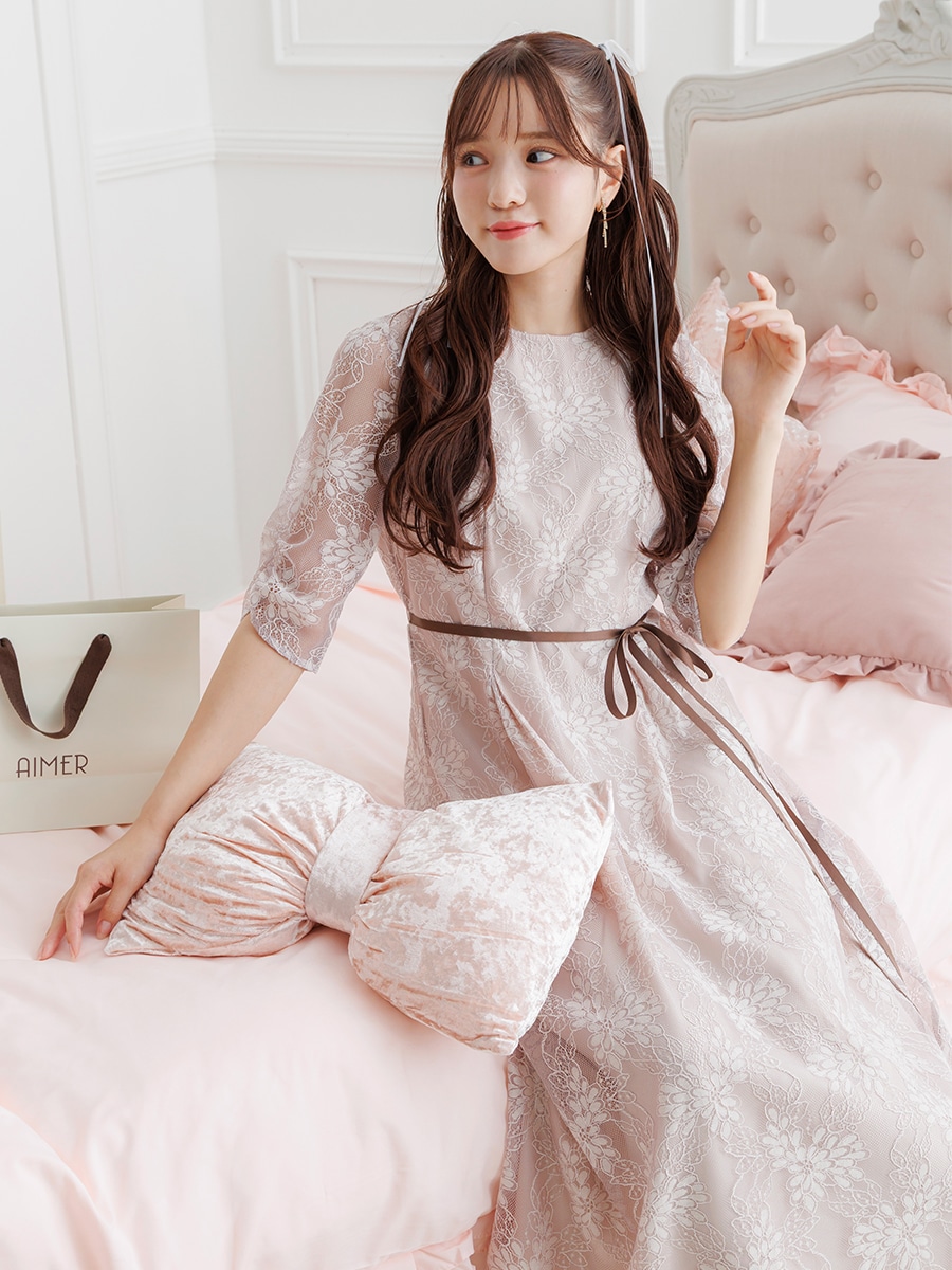 試着キャンペーン対象】サテンリボンベルトラメレースドレス(S ピンク