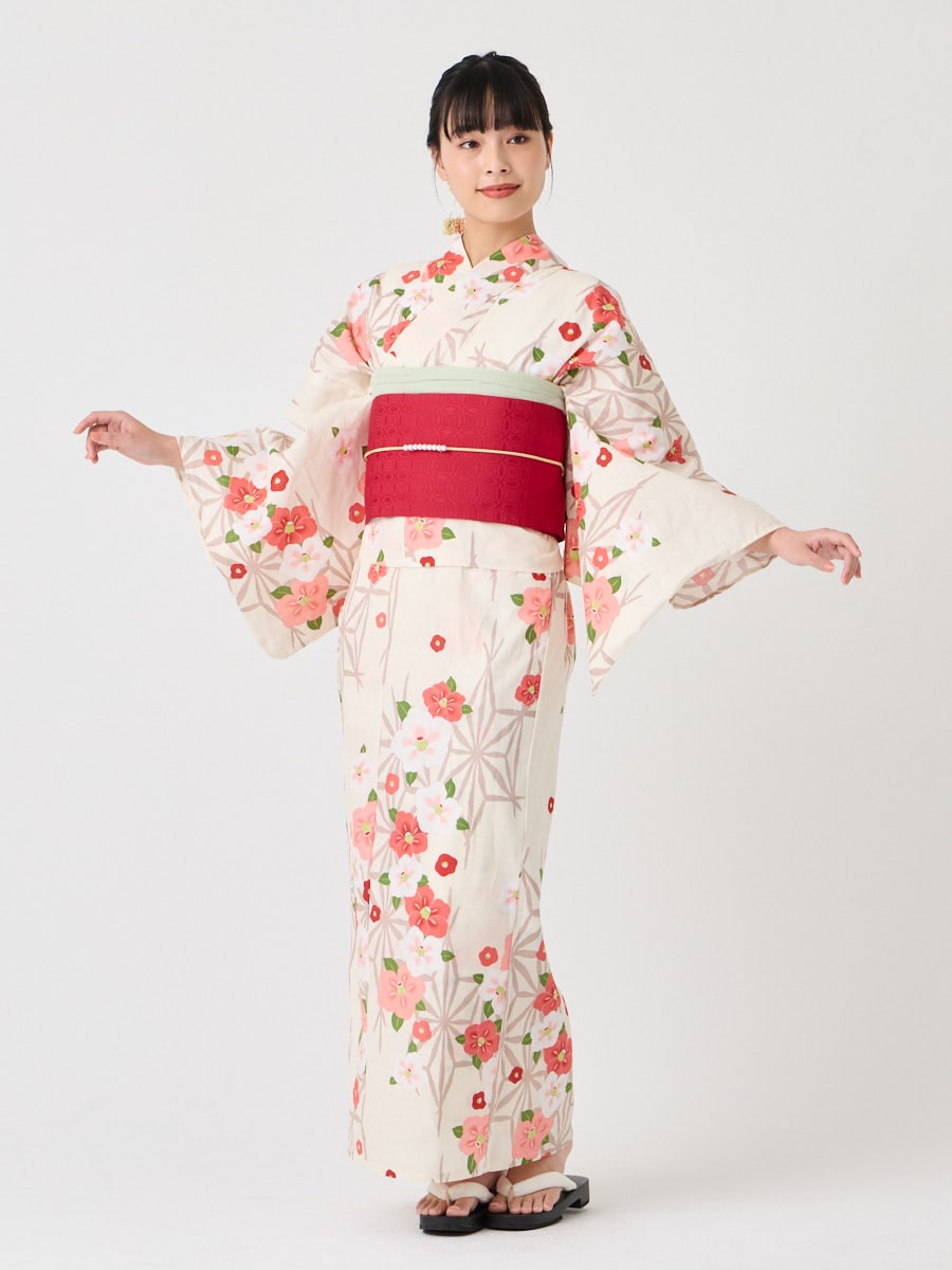 二部式浴衣 「 麻の葉つばき 」(FREE ホワイト): ふりふ ｜ミマツ