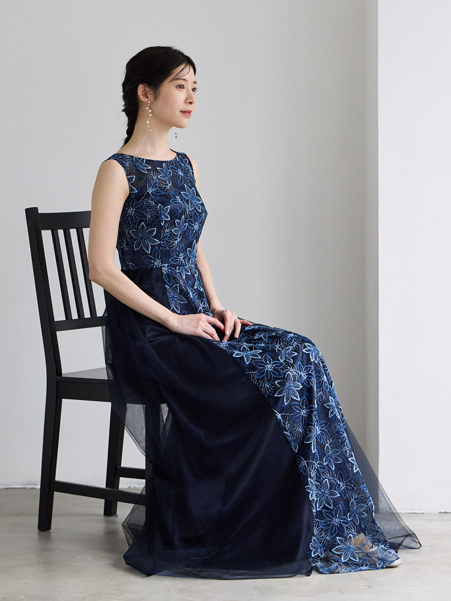 Eclore/チュール×ラメ刺繍ロングドレス(M ベージュ): AIMER | エメ