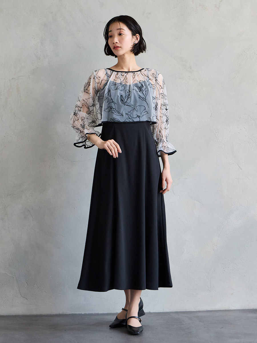 試着キャンペーン対象】2WAY線描フラワー刺繍ボレロセットドレス(S