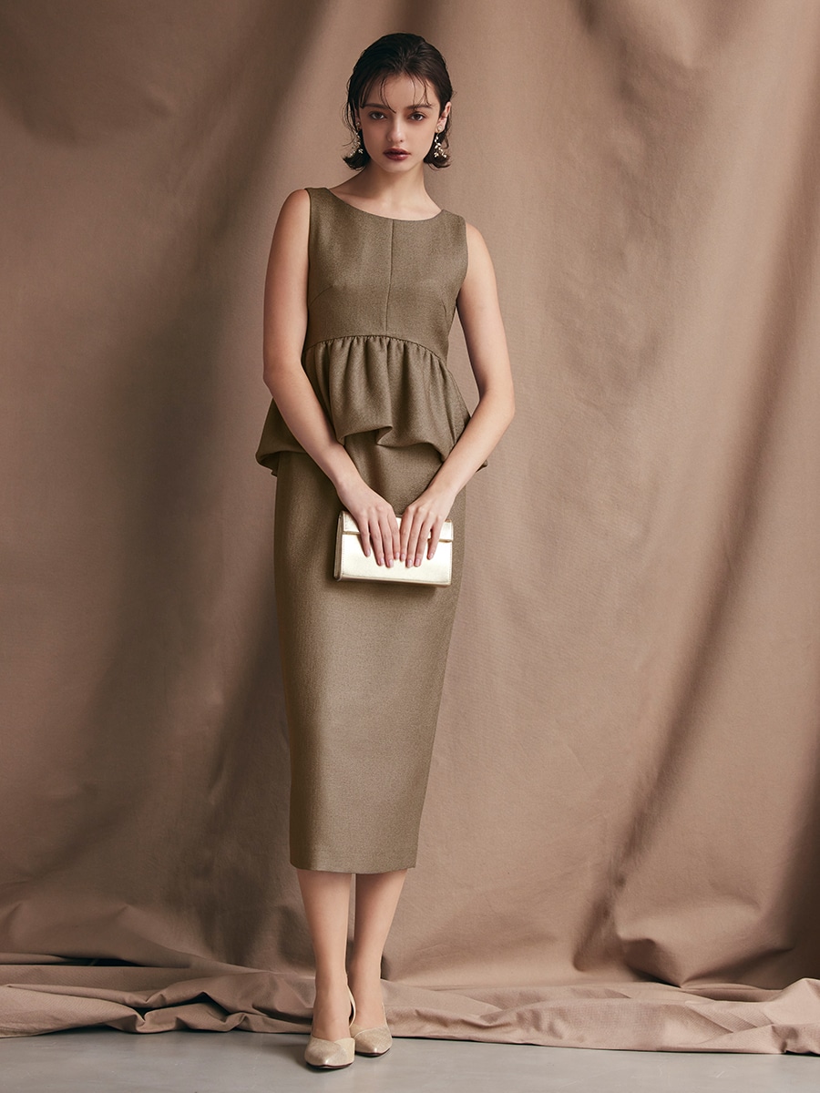 試着キャンペーン対象】バスケットペプラムタイトドレス(M カーキ