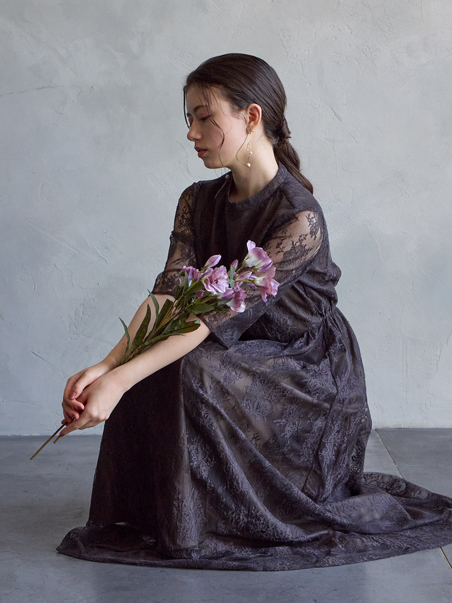 試着キャンペーン対象】【WEB限定】プチハイネック5分袖レースドレス(S