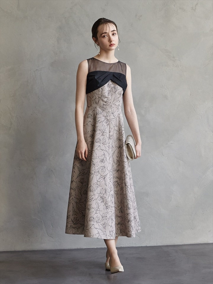 試着キャンペーン対象】配色花柄プリントフィット＆フレアドレス (M