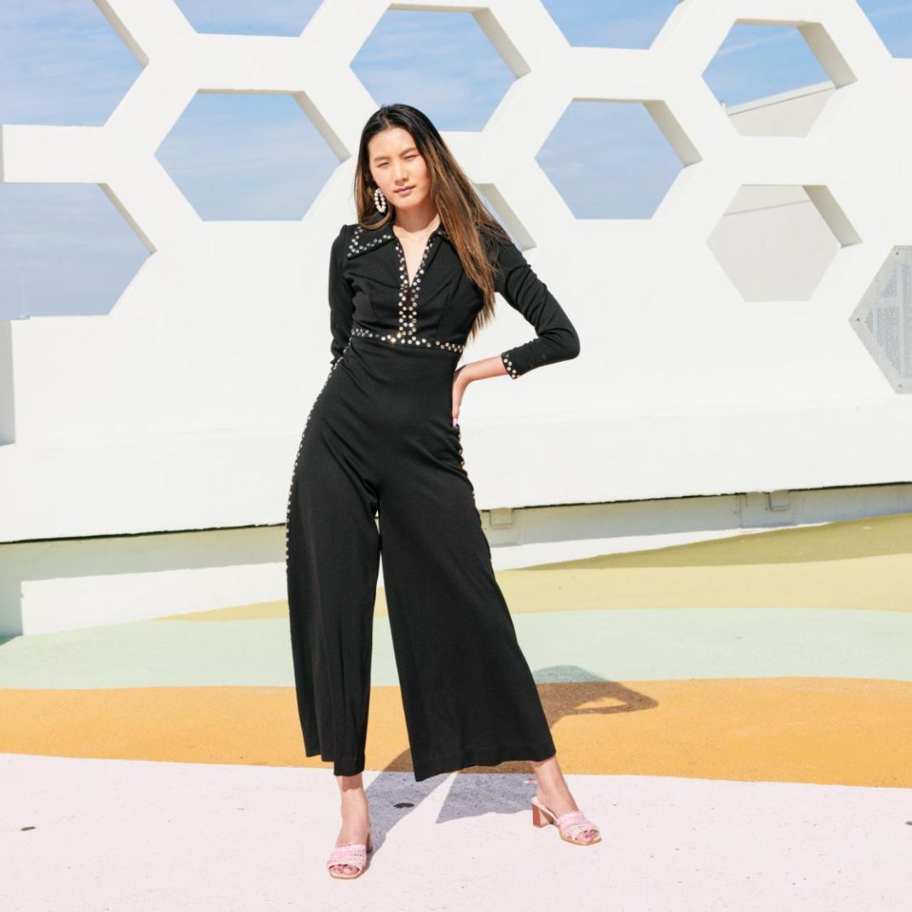 60s Black Silver Studded Long Sleeve Jumpsuit | Depop