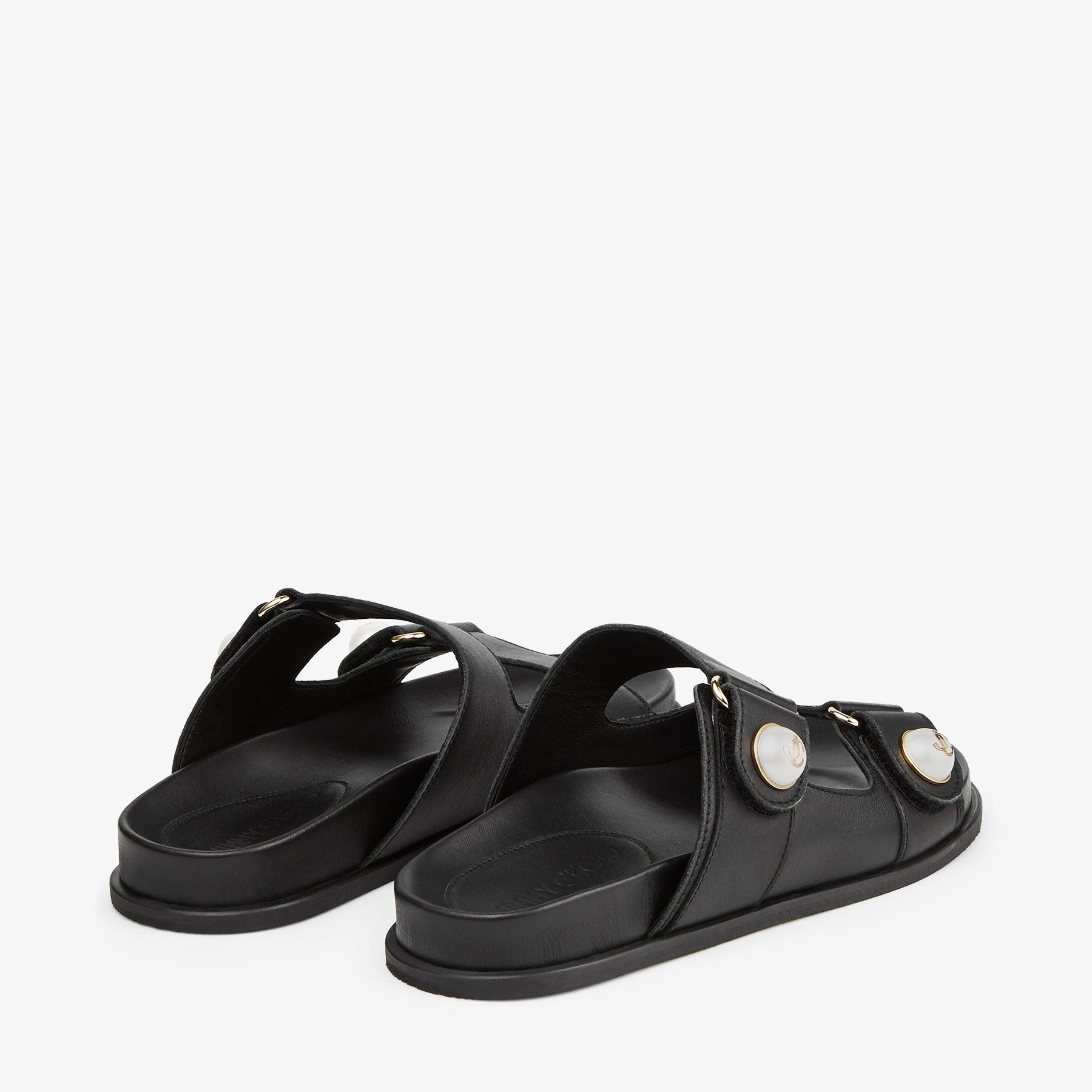 FAYENCE SANDAL | パール付き Black スムースレザー・フラットサンダル