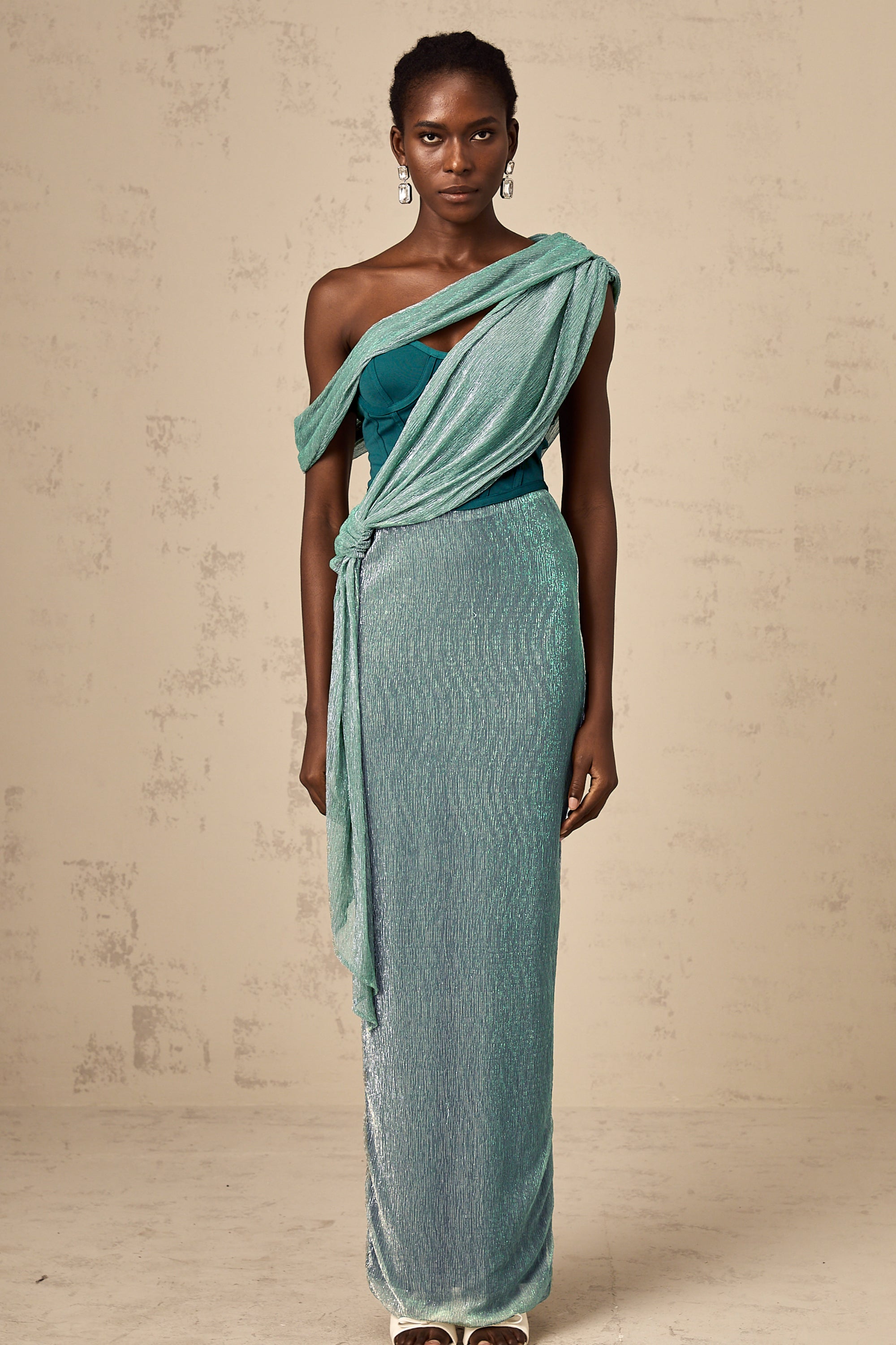 Delphine green ribbon-design corset maxi dress