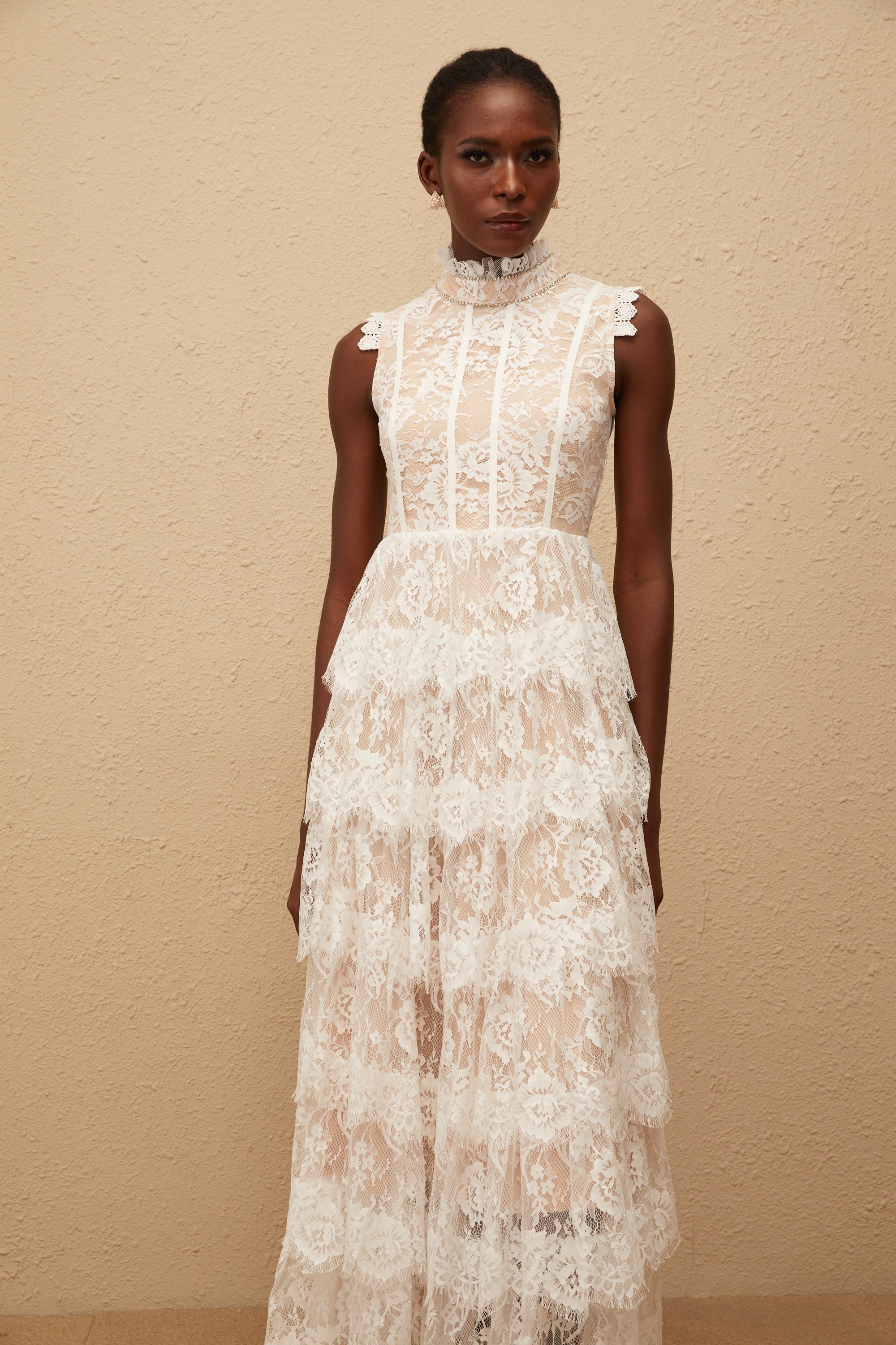 Thérèse White Embellished Floral Lace Tiered Maxi Dress
