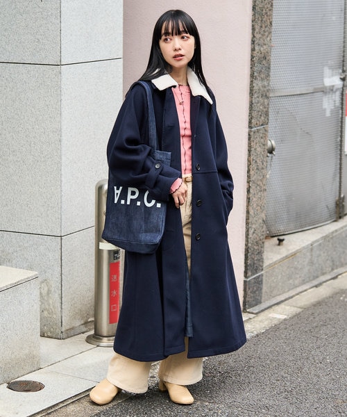 メルトンライクウーリー 襟ボアステンカラーコート｜フリークスストア