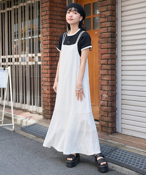 ストライプレース キャミワンピース/レースワンピース/キャミソール