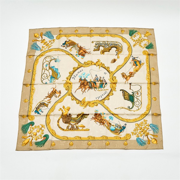 HERMES カレ 90 Plumes et Grelots / 羽飾りと鈴 スカーフ ベージュ