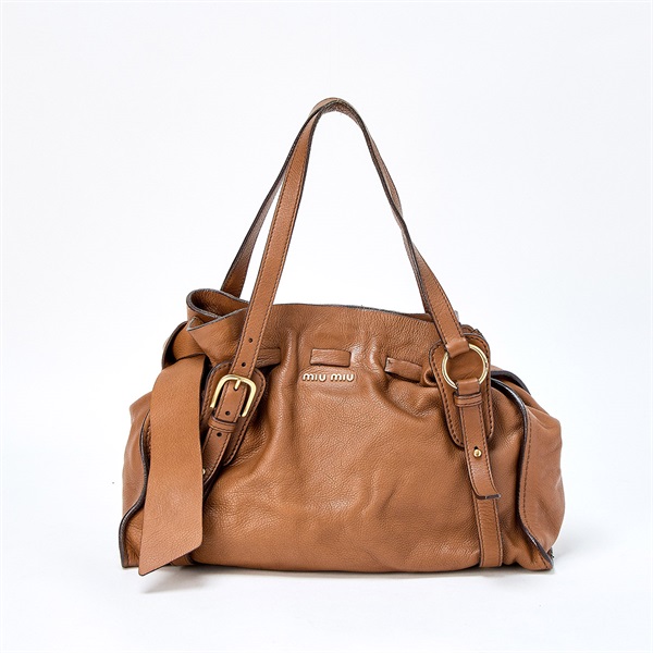 MIU MIU サイドリボン ショルダーバッグ ブラウン ゴールド レザー