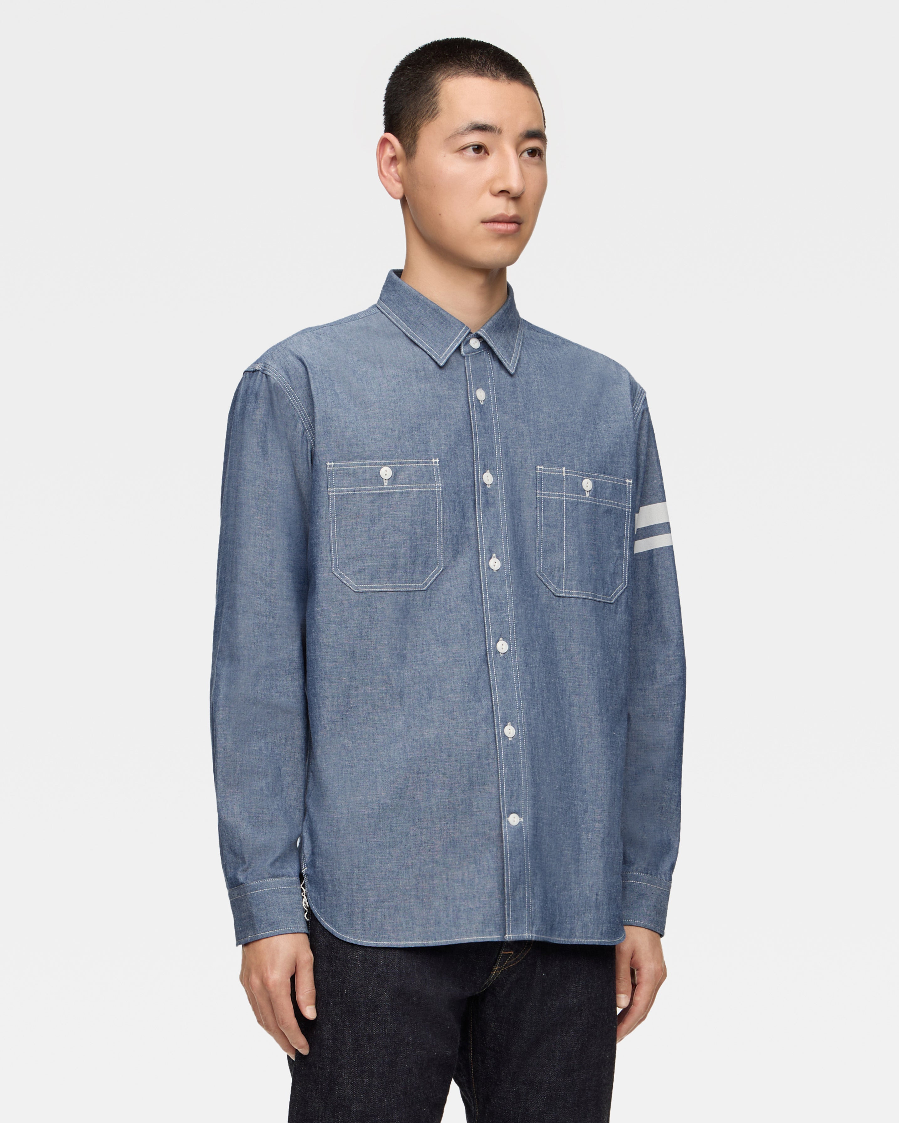 TRIPLE STITCH L/S CHAMBRAY SHIRT(TWO STRIPES) – MOMOTARO JEANS