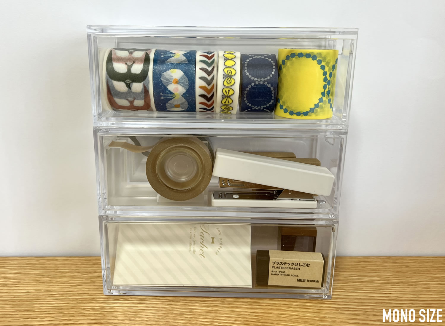 100均「重なる透明収納ケース 1段引出し 幅6.6cm」の商品情報とサイズ