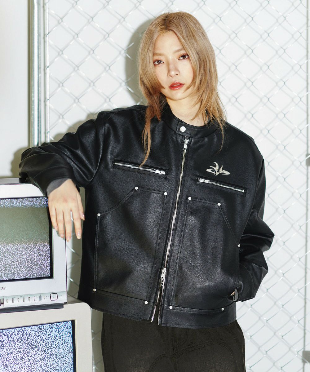 メタルプレート合皮ショートバイカージャケット | MSG