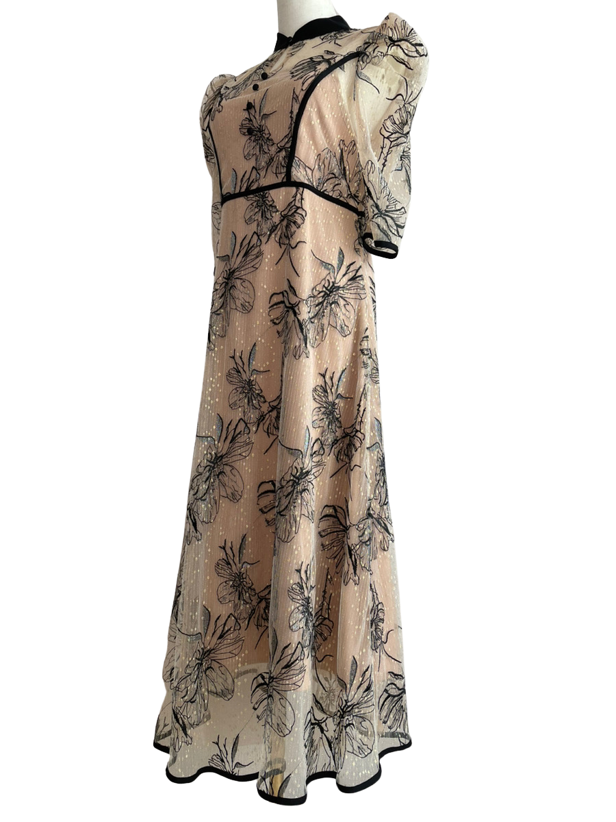 配色パイピングプチハイネック花柄刺繍ラメレースロング丈ドレス