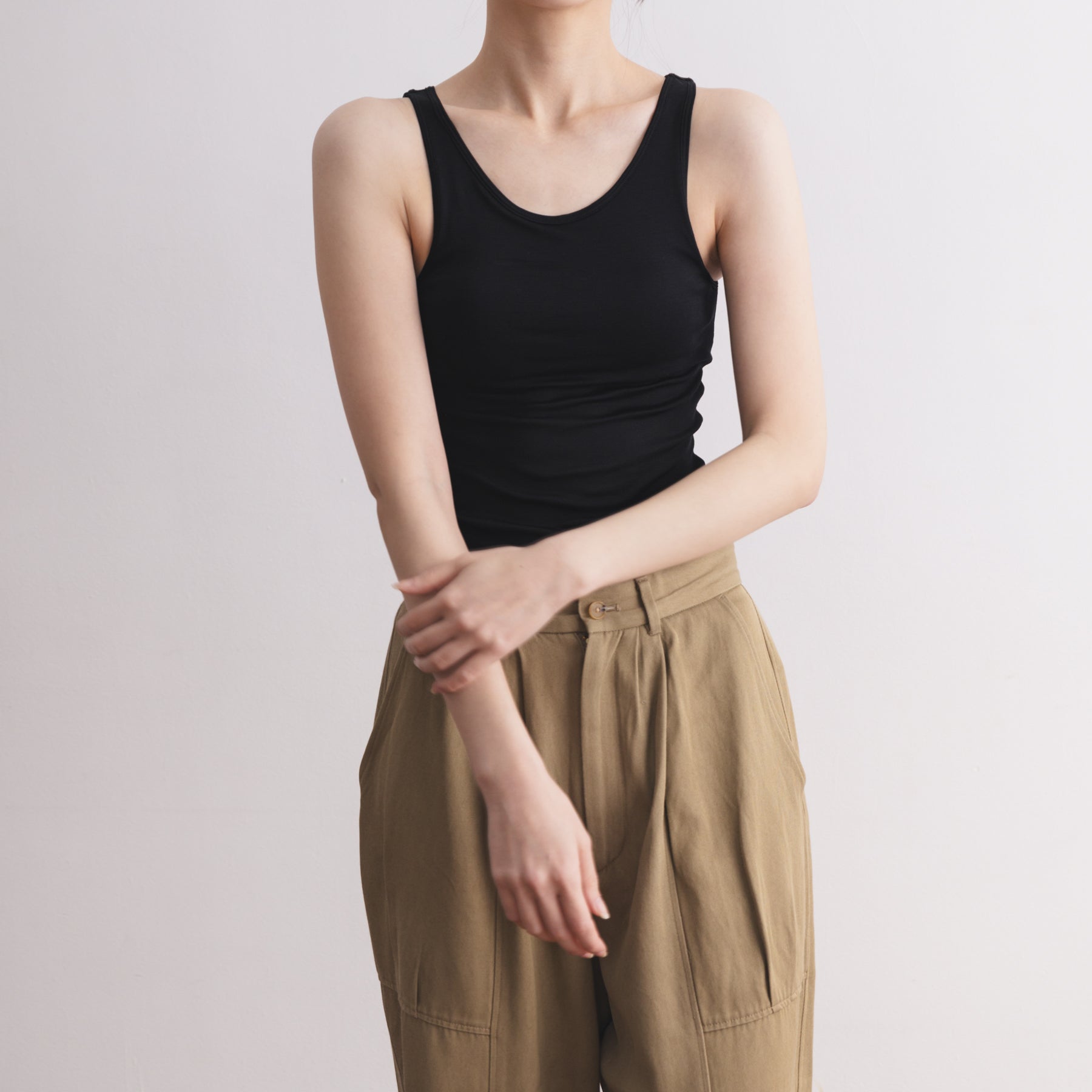 シルク100%タンクトップ, カップ付き, ブラック／ブラトップインナー