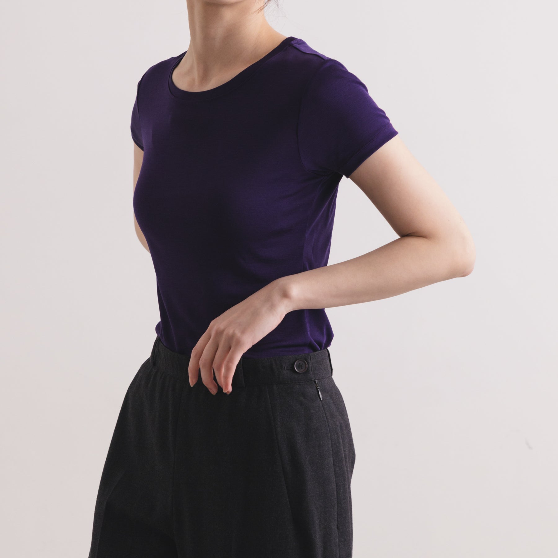 シルク100%半袖カットソー, ダークパープル／Tシャツ