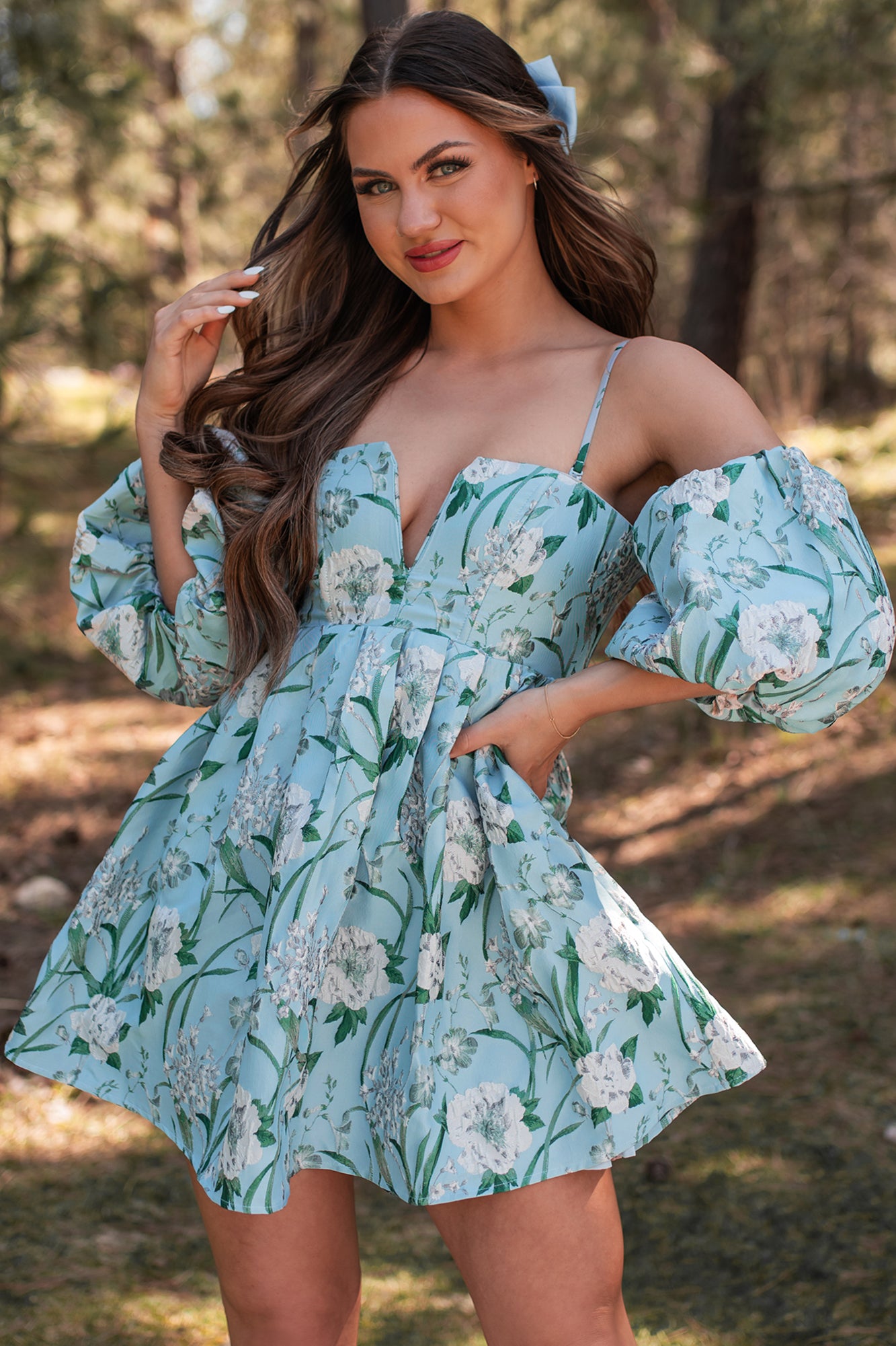 The Beauty Within Off The Shoulder Floral Mini Dress (Aqua Blue