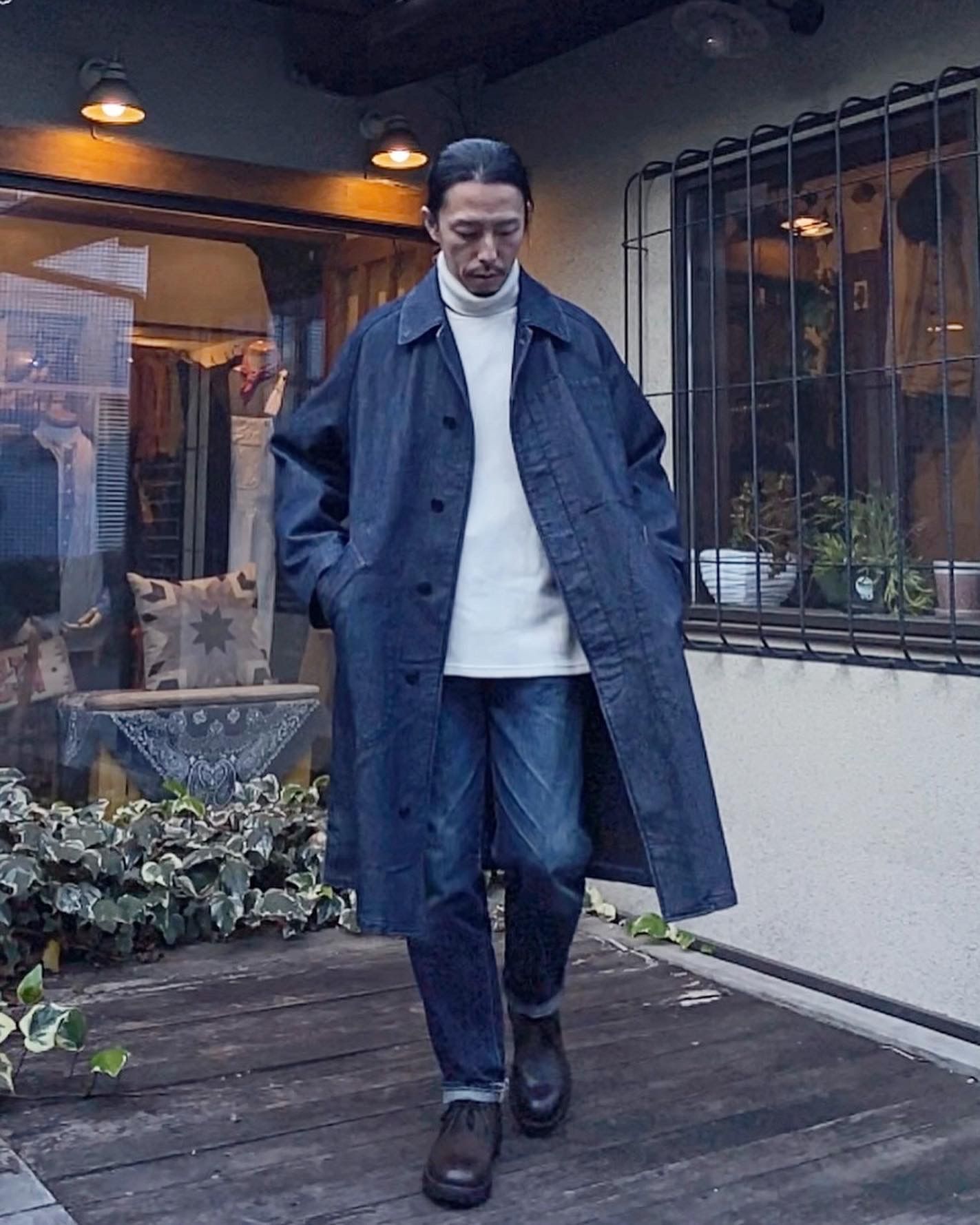 BLUE BLUE - NAVYボーダーブランケットデニム バルマカーンコート