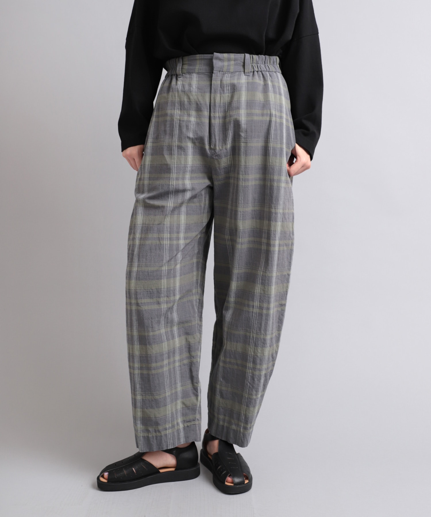 R4057 40/-ムラ糸コットンチェックパンツ(M グリーン): パンツ - RNA