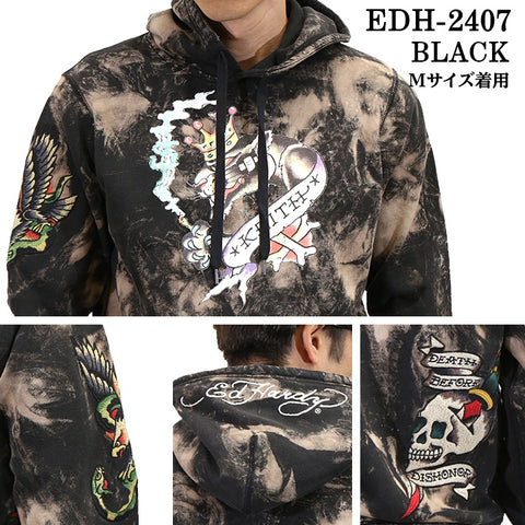 Ed Hardy エドハーディー 刺繍プリント 裏毛 プルパーカー ブリーチ